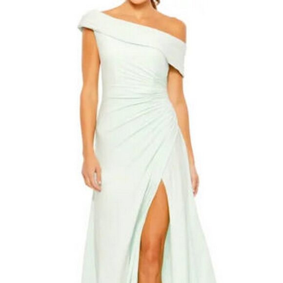 Mac Duggal Mint Green Foldover Ruched One-Shoulder Chiffon Midi Dress - Picture 1 of 3